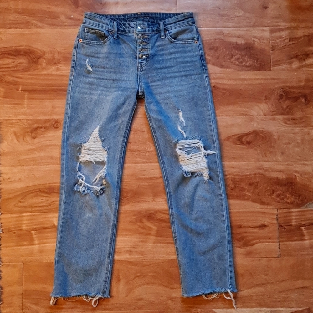 High Rise Ankle Cut Jeans, Size 0, Light Blue, Distressed